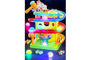 Funwee 2-in-1 Rolling Ball & Racing Car Ramp Toy for Toddlers, Race Track Hammer Lights Ball Drop, Interactive Montessori Learning Game Birthday Gift Idea for Kids 2 3 4 5+Year Old Girl Boy(Yellow)