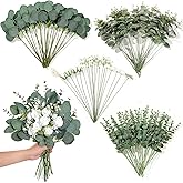 110 Pcs 7 Kinds Mixed Artificial Eucalyptus Stems and Faux Flowers,Fake Silver Dollar Eucalyptus Leaves Stems Bulk Real Touch Leaf Branches for DIY Bouquets Floral Arrangement Wedding Home Decor
