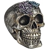 WENYLE Skull Statue Decor Human Head Statues Skull Figurine with Roses and Beads Resin Skeleton Decoration for Halloween Day of The Dead Ossuary Macabre Collectible 5.3Inch Silver