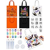 Glow in the Dark Halloween DIY Canvas Tote Bags for Kids, Reusable 6 Pack | Paint Your Own Trick or Treat Candy Bags Bulk with 18 Glow Paints, 10 Stencils & 3 Brush Sets Party Favors