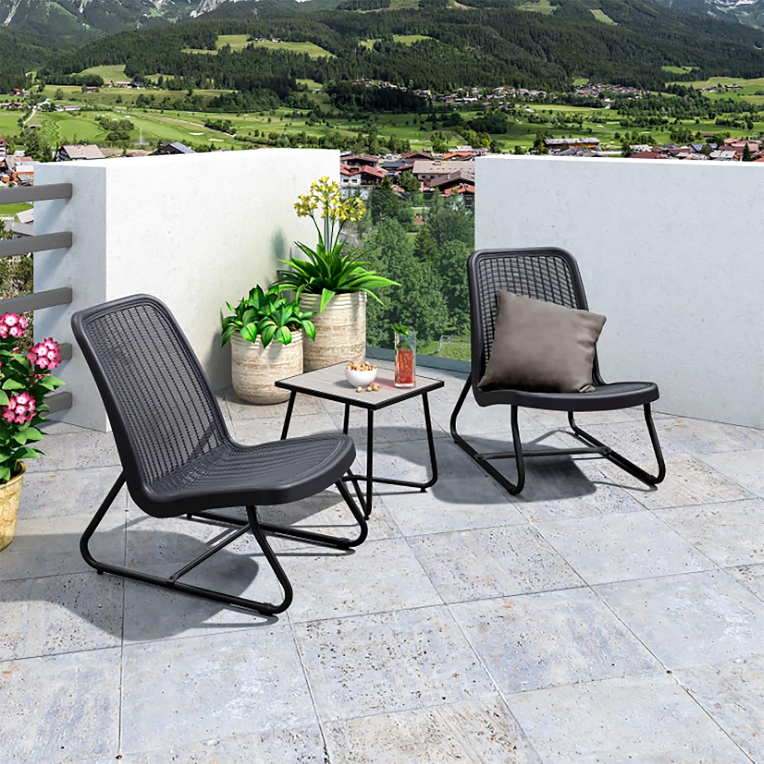 PURPLE LEAF 3 Pieces Patio Furniture Set Outdoor Bistro Table Set with Weather Resistant Steel Frame and Square Table, Cushions Included, Grey: Garden & Outdoor