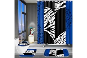 Poedist 4 Pcs Bathroom Shower Curtain Set,Blue Leopard Print Shower Curtain Bright Style Shower Curtain Sets with Rugs(Bath Mat,U Shape and Toilet Lid Cover Mat) and 12 Hooks