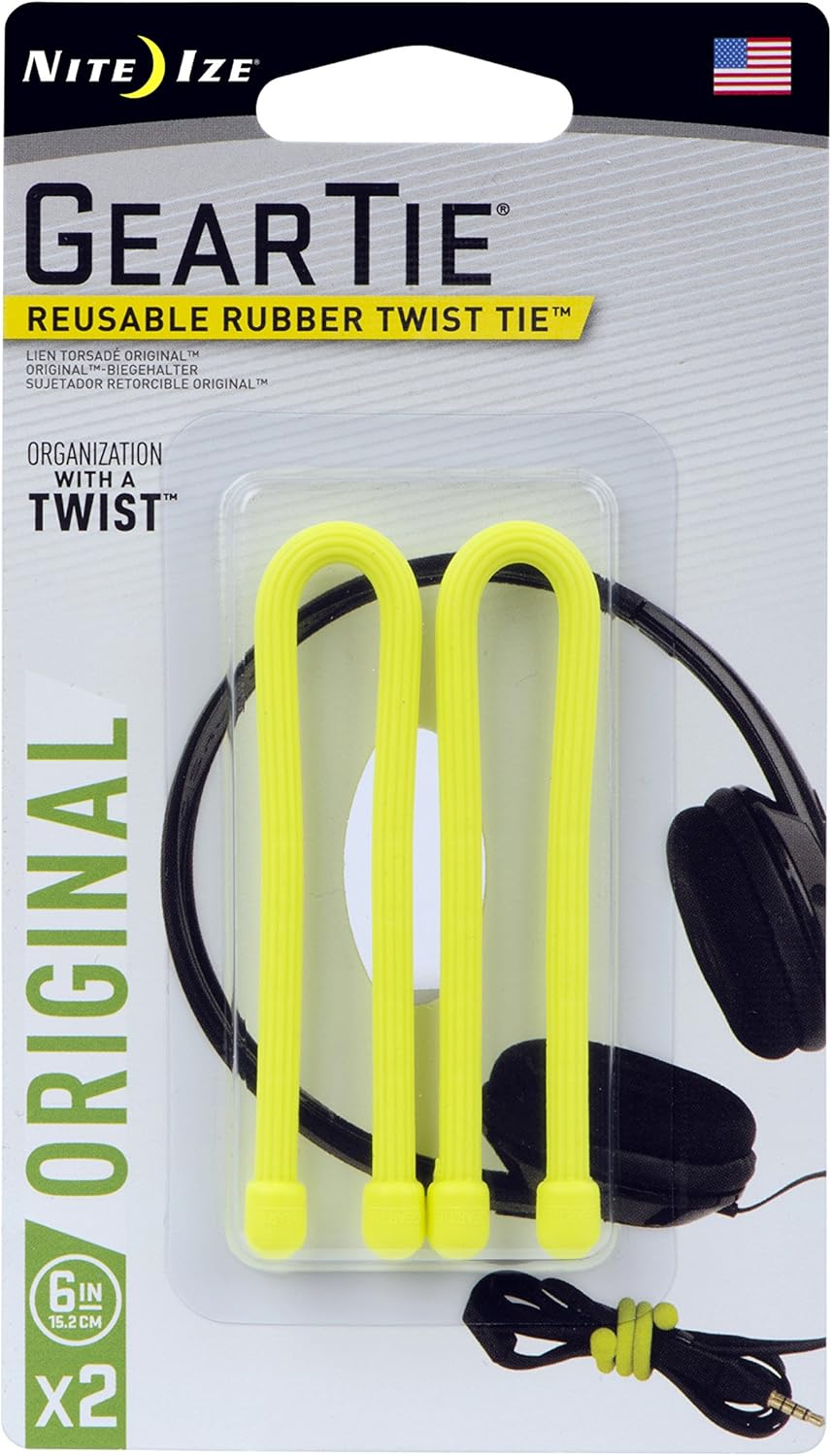 Nite Ize Original Gear Tie, Reusable Rubber Twist Tie, Made in The USA, 6-Inch, Neon Yellow, 2 Pack, 6 inch