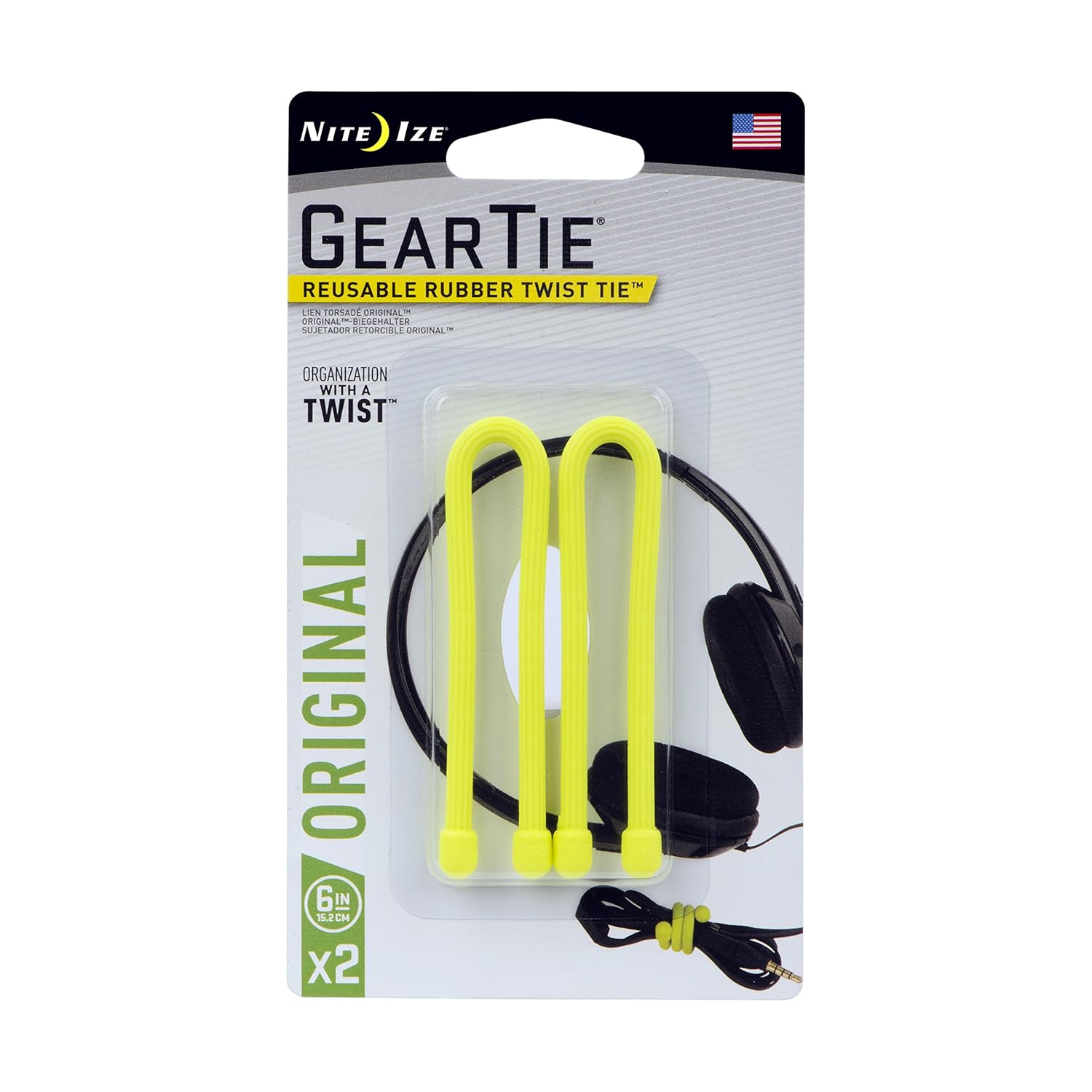 Nite Ize Original Gear Tie, Reusable Rubber Twist Tie, Made in The USA, 6-Inch, Neon Yellow, 2 Pack