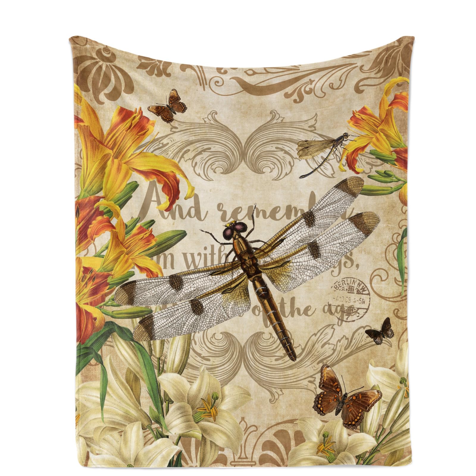 Dragonfly Plush Flannel Throw Blanket for Girls & Teens, Vintage Beige Lily, Cozy & Fluffy for Couch, Bed, Sofa, 130x150 cm