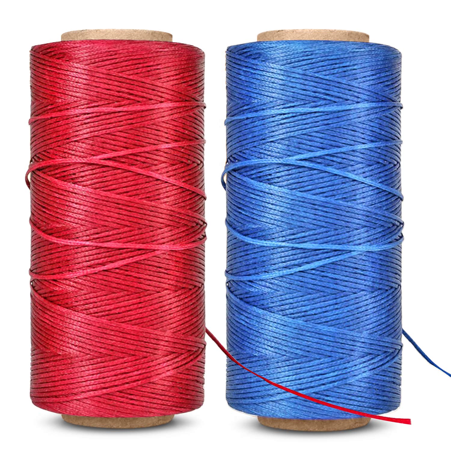 Flexzion Waxed Thread - 284 Yards (260 meters) 0.8mm 150D Polyester Wax Thread for Leather Sewing, Bookbinding, Stitching, Repairing, Beading, & DIY Projects (2 Pack, Red & Blue)