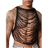 OYOANGLE Men's Hollow Out Ripped Sleeveless See Through Vest Crop Tank Tops | 90s Fashion Y2K Party Mesh Sweater Vests, Festival Club Beach Rooftop Punk Rave Occasions