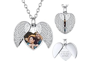 FindChic Personalized Heart Locket Necklace for Women Angel Wings/Sunflower/2 Photos/Birthstone Silver/Gold/Black Dainty Cust