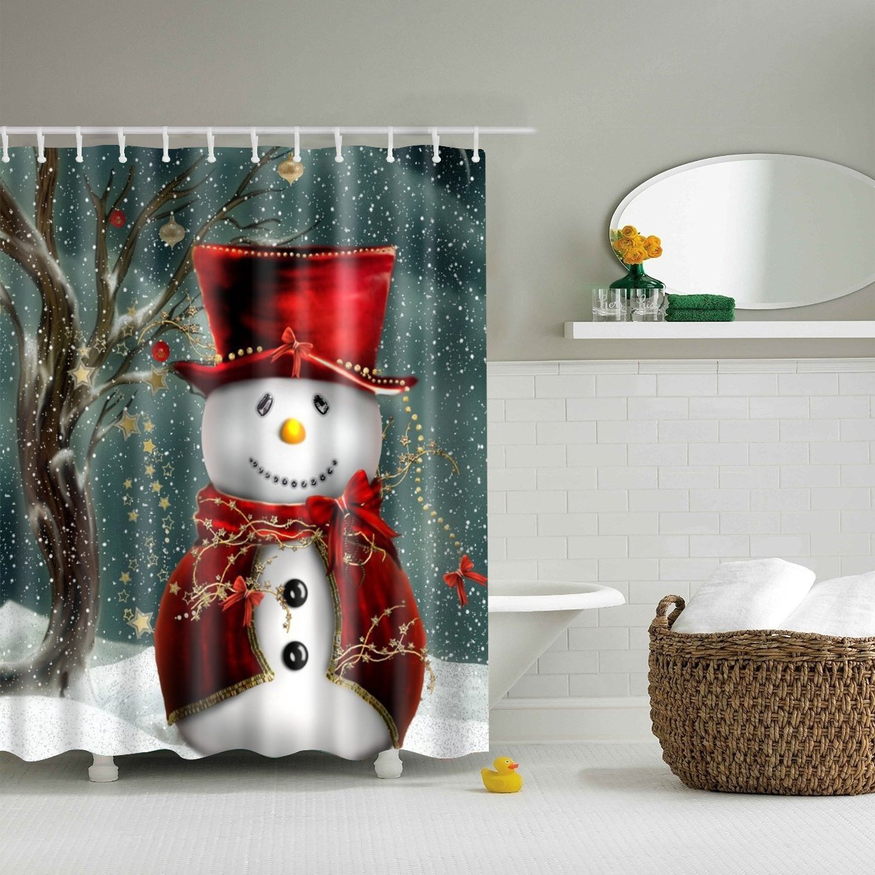 JameStyle26 Weichtsmann Shower Curtain Christmas Tree Snowman Xmas Christmas Tree Curtain Digital Print Including Curtain Rings Anti Mould Bathroom Bath Washable (180 x 200 cm, Snowman)
