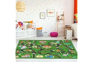 Tinideya Kids Carpet Playmat Rug Player Car Rug, 4 x 6 ft Traffic Map Mat Educational Game Area for Toddler Children Playroom Classroom Bedroom (City, Green)