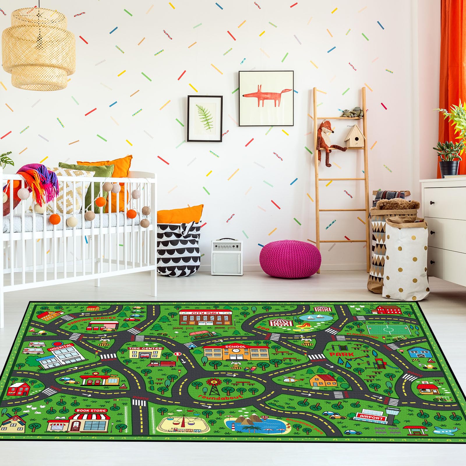 Photo 1 of Tinideya Kids Carpet Playmat Rug 4 x 6 ft Player Car Rug, City Life Traffic Road Map Mat Educational Game Area Mat for Toddler Children Playroom Classroom Bedroom(Green)