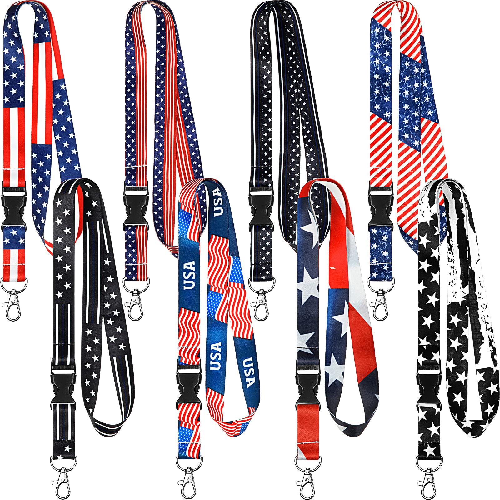 8 Pieces Key Lanyard ID Lanyards Neck Strap Key Chain Holder University Lanyard Wristlet Lanyard with Removable Buckle for Women Men (American Flag Style)