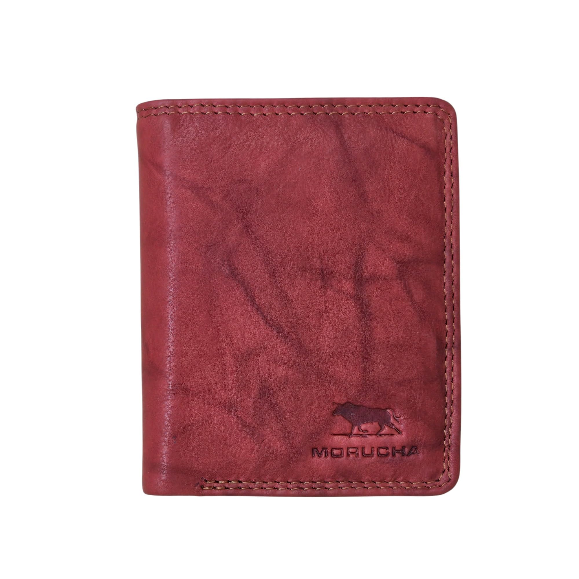 MORUCHA Slim Minimalist Leather Wallet for Men – Bifold RFID Blocking Wallet with Zip Pocket & ID Window – Compact Gift Boxed Wallet #M45 (Antique Red)