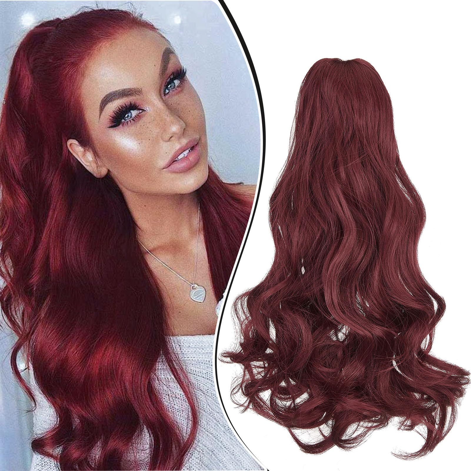 Dcbaboo 18inch Claw Clip in Ponytail Hair Extensions Long Wavy Ponytail Extension Curly Synthetic Pony tails Natural Wave One Piece Hairpiece Fake Ponytail for Women, Wine Red — image 1
