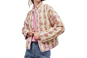 YKR Women's Cropped Puffer Jacket Floral Print Quilted Puffer Jackets Open Front Lightweight Short Jacket Trendy