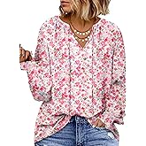 Eytino Plus Size Tops for Women V Neck Long Sleeve Drawstring Floral Boho Print Blouse Shirts Vacation Outfits(1X-5X)