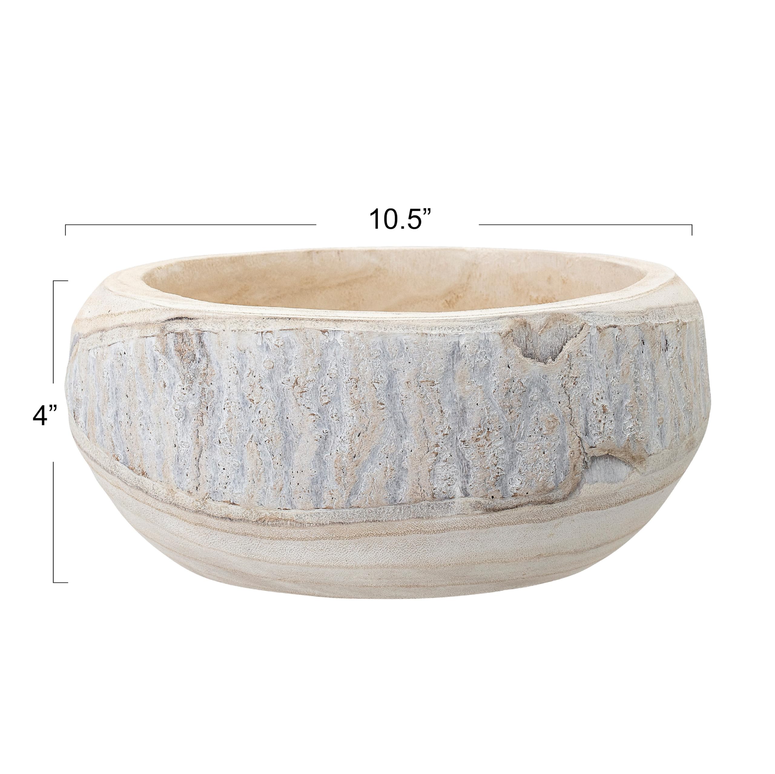 Bloomingville Decorative Hand-Carved Paulownia Wood Bowl, Whitewashed, 10.5 in Diameter, 4.25 in Tall - Image 3