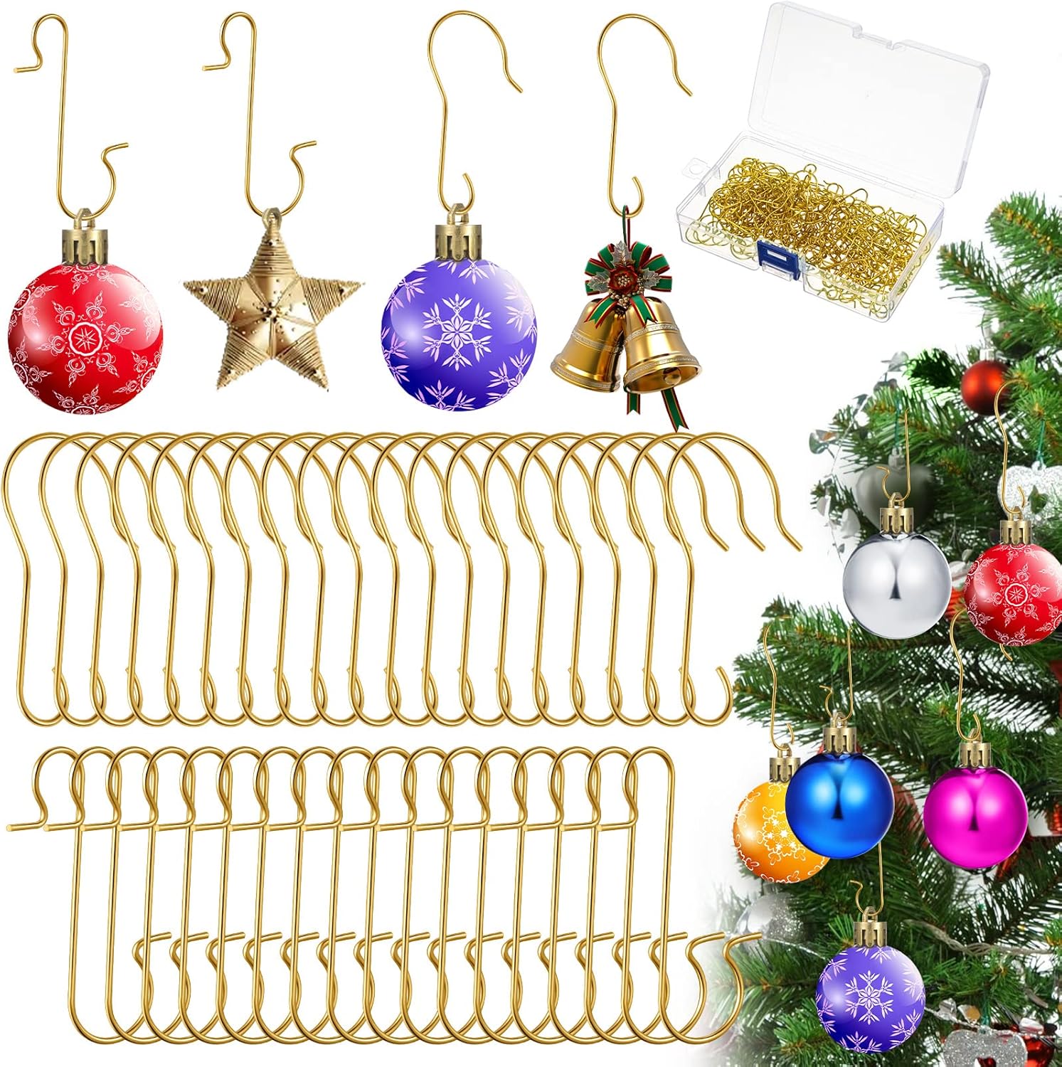 Ornament Hooks - 200 Pieces Christmas Ornament Hooks Bulk 1.6 Inch Metal Xmas Tree Ornament Hangers C and S Shaped Ornament Hooks with Storage Box for Christmas Tree Ornaments Hanging Decorations (Gold)