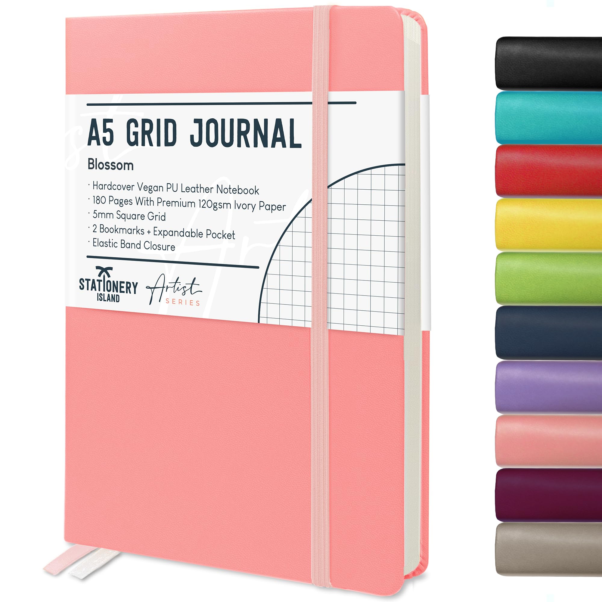 STATIONERY ISLAND A5 Squared Notebook, Graph Paper Notebook with 120gsm Premium Thick Paper, 180 Pages Hardback Grid Notebook for Planning, Diary, Journaling