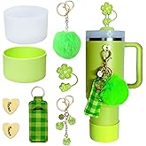 Accessories for Stanley Cup 40oz,2 Silicone Boots for Stanley Tumbler,1 Flower Straw Cover Topper,2 Charms Hooks,1 Lipstick Holder Bag,1 Pompom Ball,1 Cute Keychain Charms (Green)