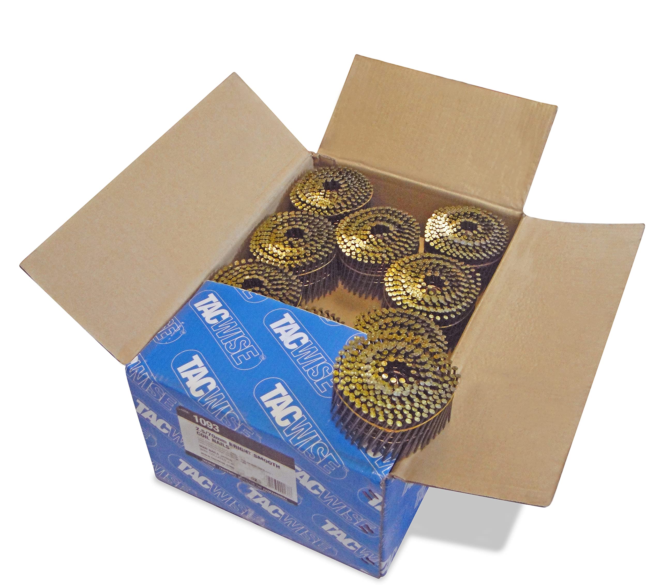 Tacwise 1093 Bright Flat Top Coil Nails Type 2.5 x 70 mm, Diamond Point, Smooth Shank, 16° Inclined, Wire Collated, Pack of 9000