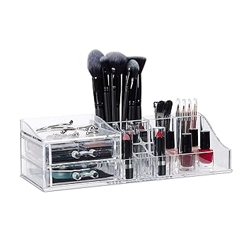 Relaxdays Make Up Acryl, Lippenstifthalter mit 2 Schubladen, Organizer f. Kosmetik, Schmuckkasten, transparent, Kunststoff, H