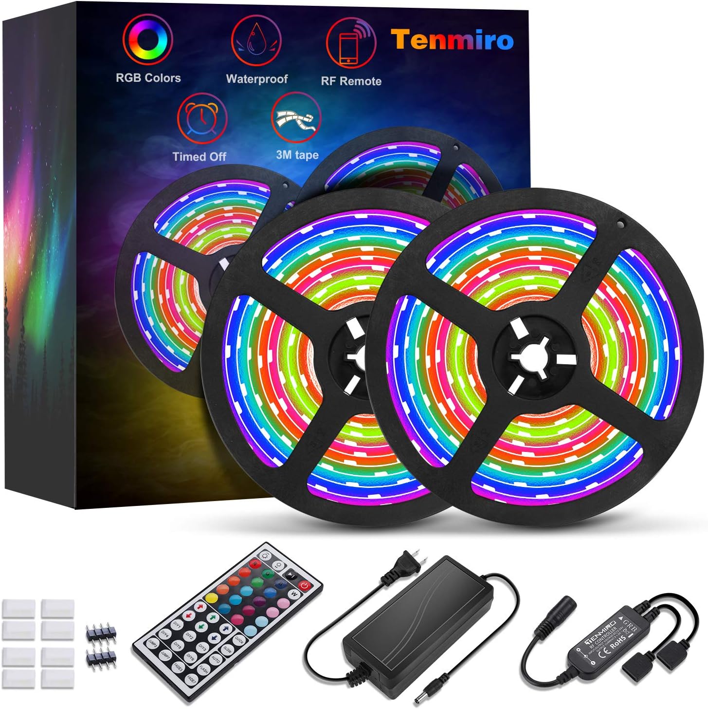 Tenmiro 32.8ft Led strip lights,Led Strip Lights With 44key RF Remote Controller,Waterproof Color Changing RGB SMD 5050 300 LEDs Rope Lights, DC 12V5A Power Safety For Home Outdoor Lighting Decoration