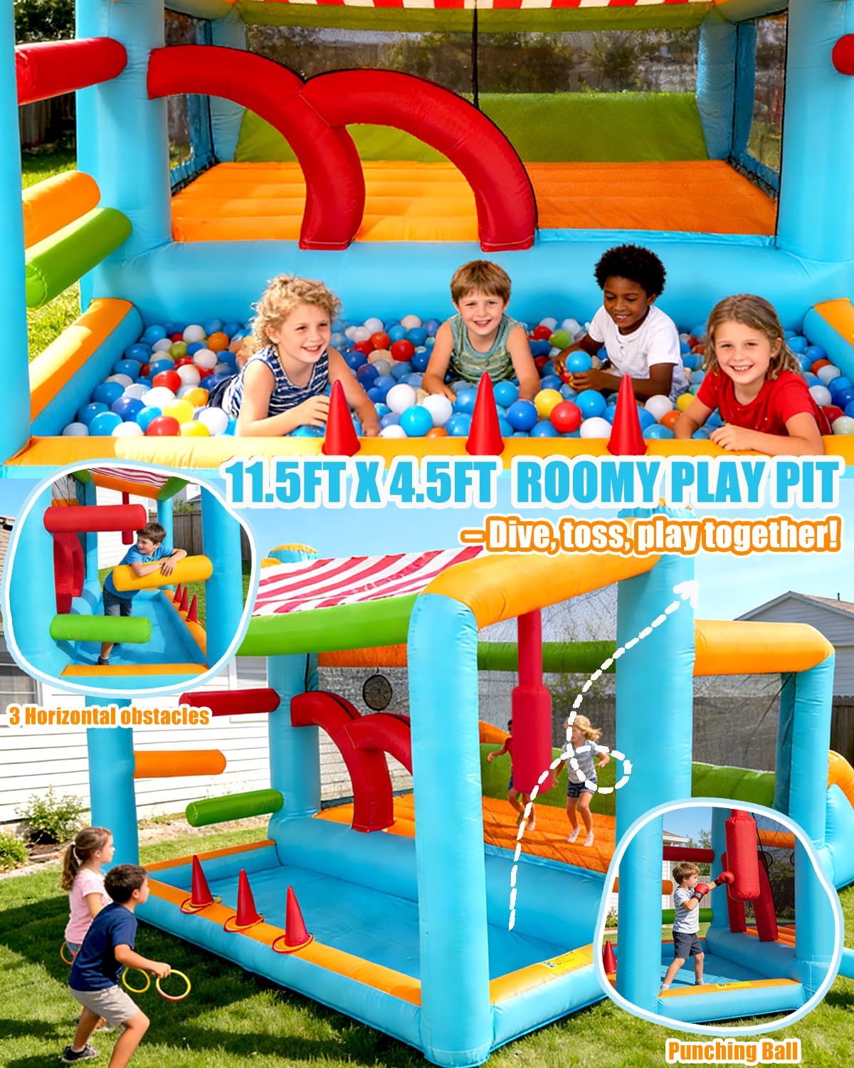 Whubefy Large Bounce House for Big Kids 8-12, 16x11.5FT Kid 3-6 Inflatable Obstacle Course w/XXL Slide, Jump Zone, Water Pool, Obstacle Bars, Ring Toss, 750W Blower, Outdoor Bouncy Castle Holds 6 Kids