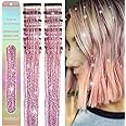 MISSUHUI Hair Tinsel 12 Pcs Hair Tinsel Clip in Glitter Tinsel Hair Extensions 23.6Inch Clip in Hair Tinsel Kit for Girls Sparkling Fairy Party Dazzle Hair Accessories for Women Kids (Pink)