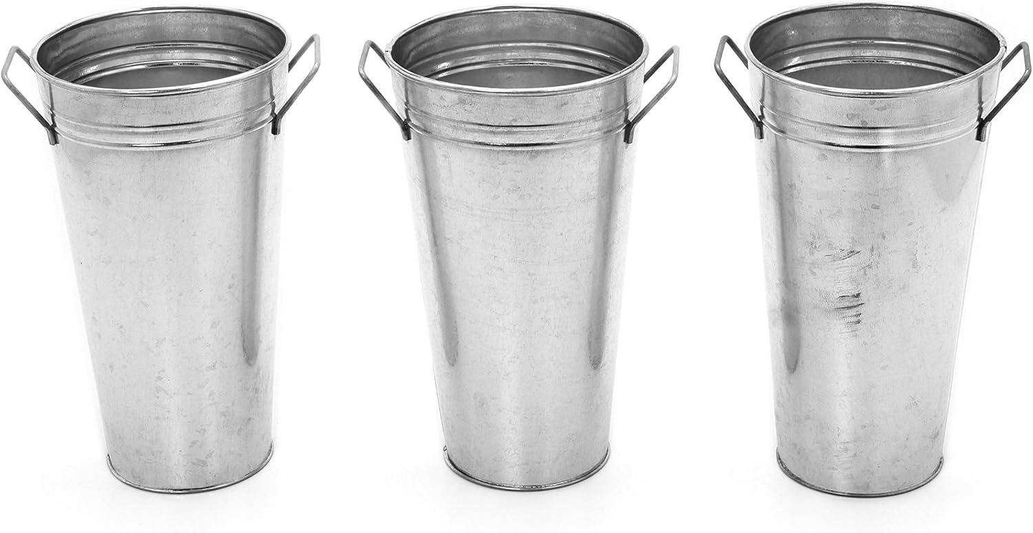 Hosley Set of 3 Galvanized French Bucket Vase with Handles 9 Inches High Ideal for Farmhouse Dried Floral Arrangements at Home for Weddings Gifts Spa and Aromatherapy Settings O5