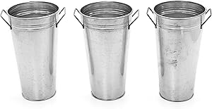 Hosley Set of 3 Galvanized French Bucket Vase with Handles 9 Inches High Ideal for Farmhouse Dried Floral Arrangements at Home for Weddings Gifts Spa and Aromatherapy Settings O5