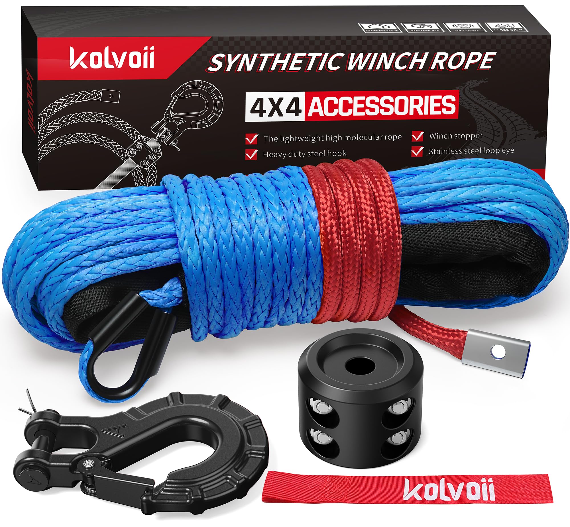 Photo 1 of Kolvoii Synthetic Winch Rope Kit, 1/4" x 50ft 9,650lbs Winch Cable with Steel Hook, Winch Line Stopper and Safety Pull Strap for ATV UTV Off-Road Vehicle etc (Blue Rope, Black Hook)