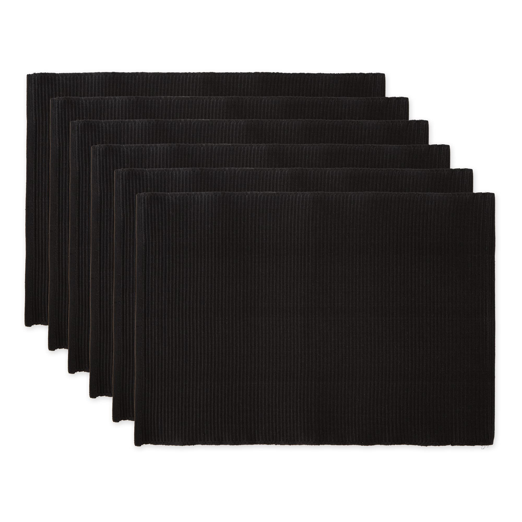 DII Basic Everyday Ribbed Tabletop 100% Cotton, Placemat Set, 13x19, Black, 6 Piece