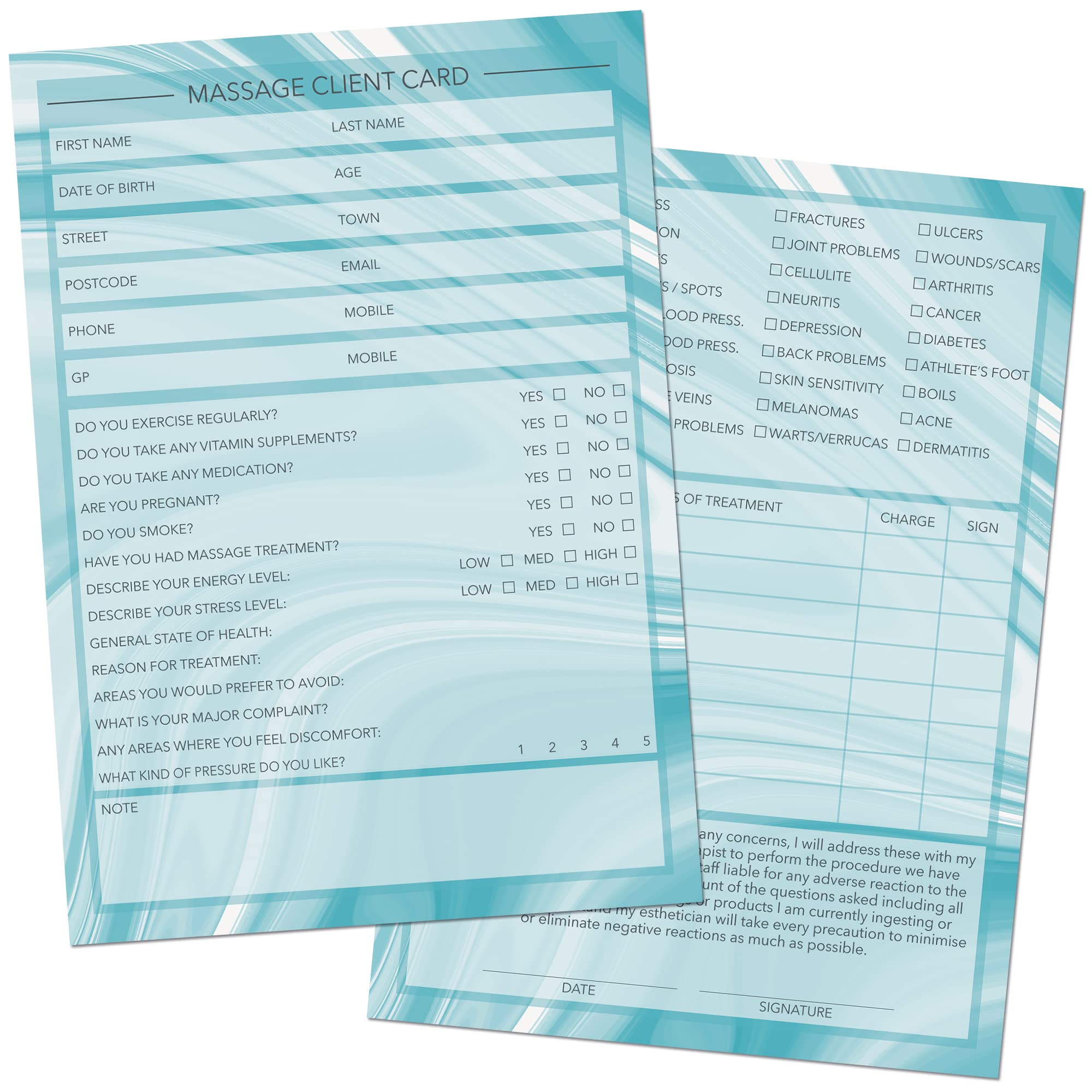 Massage Client Cards A6 Size - Salon and Therapist Customer Consultation Record - Treatment Services Essentials - Profile and Recording Forms - Beauty Stationery - 105x148mm - Pack of 25