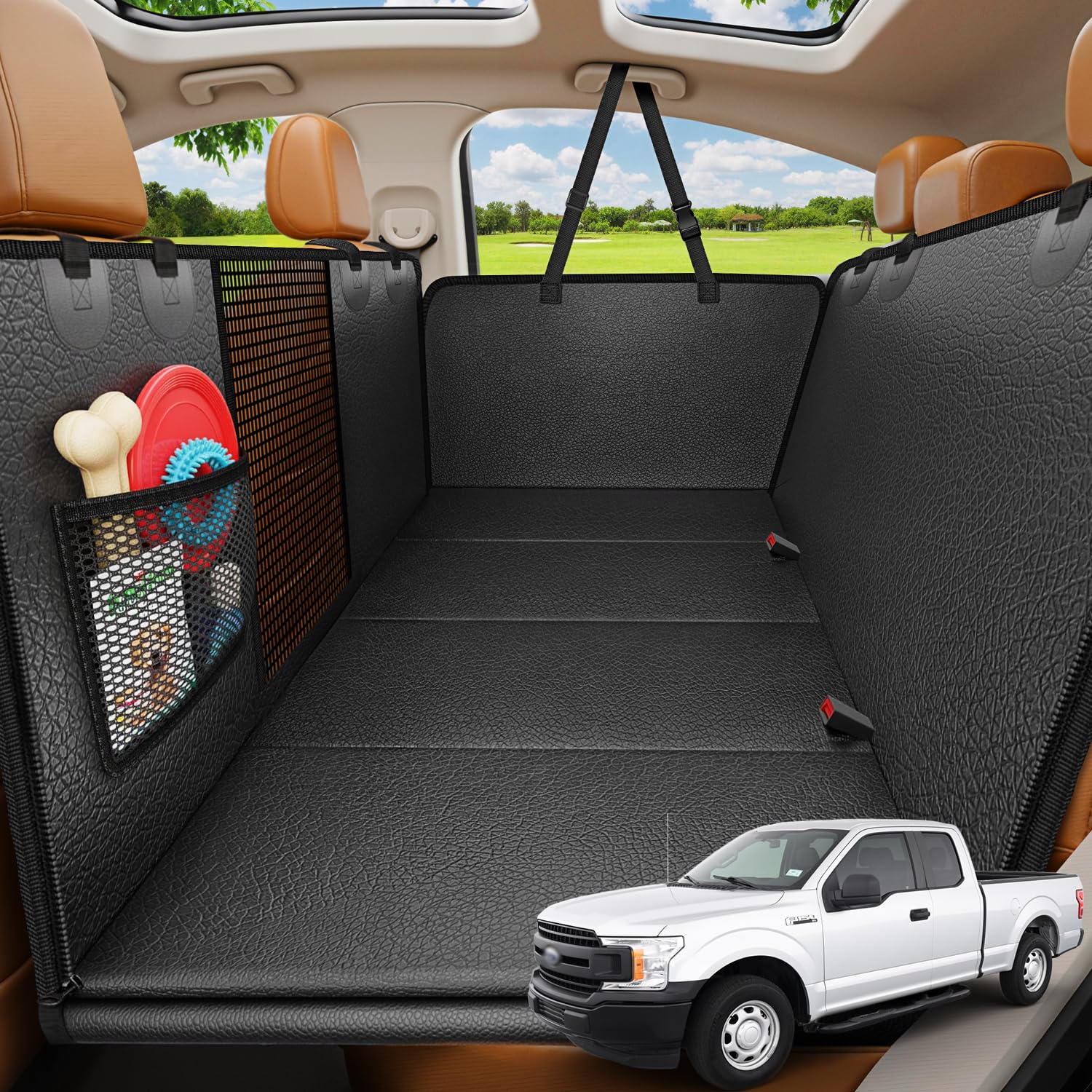 URPOWER Large Dog Backseat Extender for Extended Cab Trucks - Hard Bottom PU Leather Dog Car Seat Cover for Back Seat, Waterproof Dog Hammock Pet Rear Seat Protector Holds 400lbs for F150 SuperCab Image