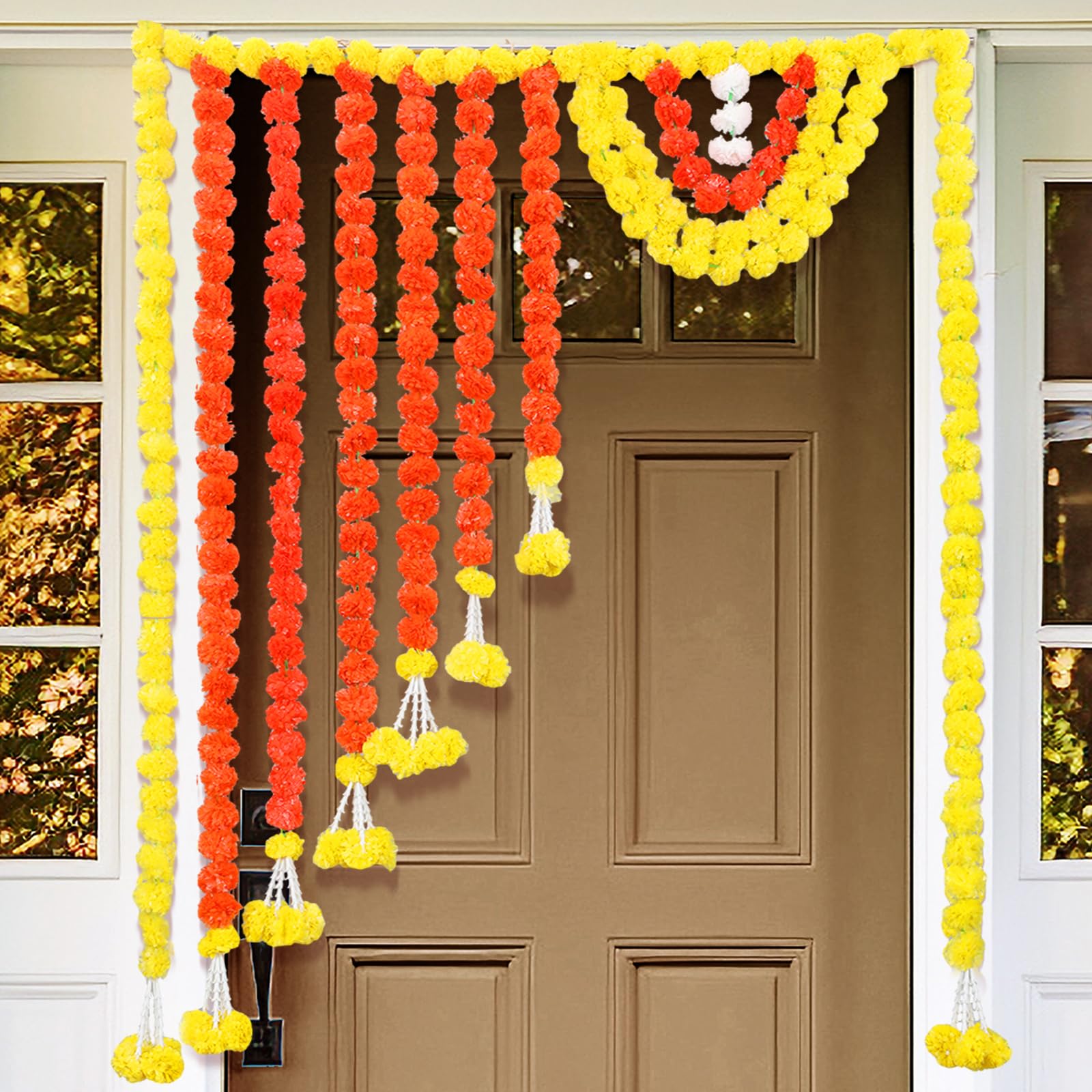 Photo 1 of Canlierr 55 Inch Marigold Garland for Diwali Decoration Pooja Decoration Door Toran Set Door Hangings Decor Orange Garland for Diwali Day of The Dead Dia De Los Muertos Mexican Halloween Decor