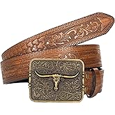 IZUS Men's Retro Western Cowboy PU Leather Belt Longhorn Buckle Decoration Floral Engraved for Jeans