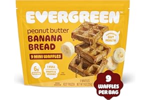 Evergreen Peanut Butter Banana Bread Waffles, 100% Whole Grain, 1 Full Combined Serving of Fruits & Veggies, Supports Gut Health, Dairy-Free, No Preservatives, 9 Frozen Waffles per Bag