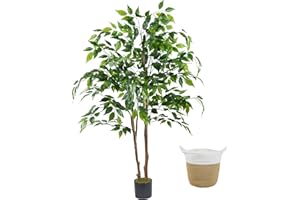 Warmplants Artificial Ficus Tree, 4ft Tall Fake Ficus Tree with Basket, Faux Plant for Indoor Outdoor Home Livingroom Office Garden Porch Décor