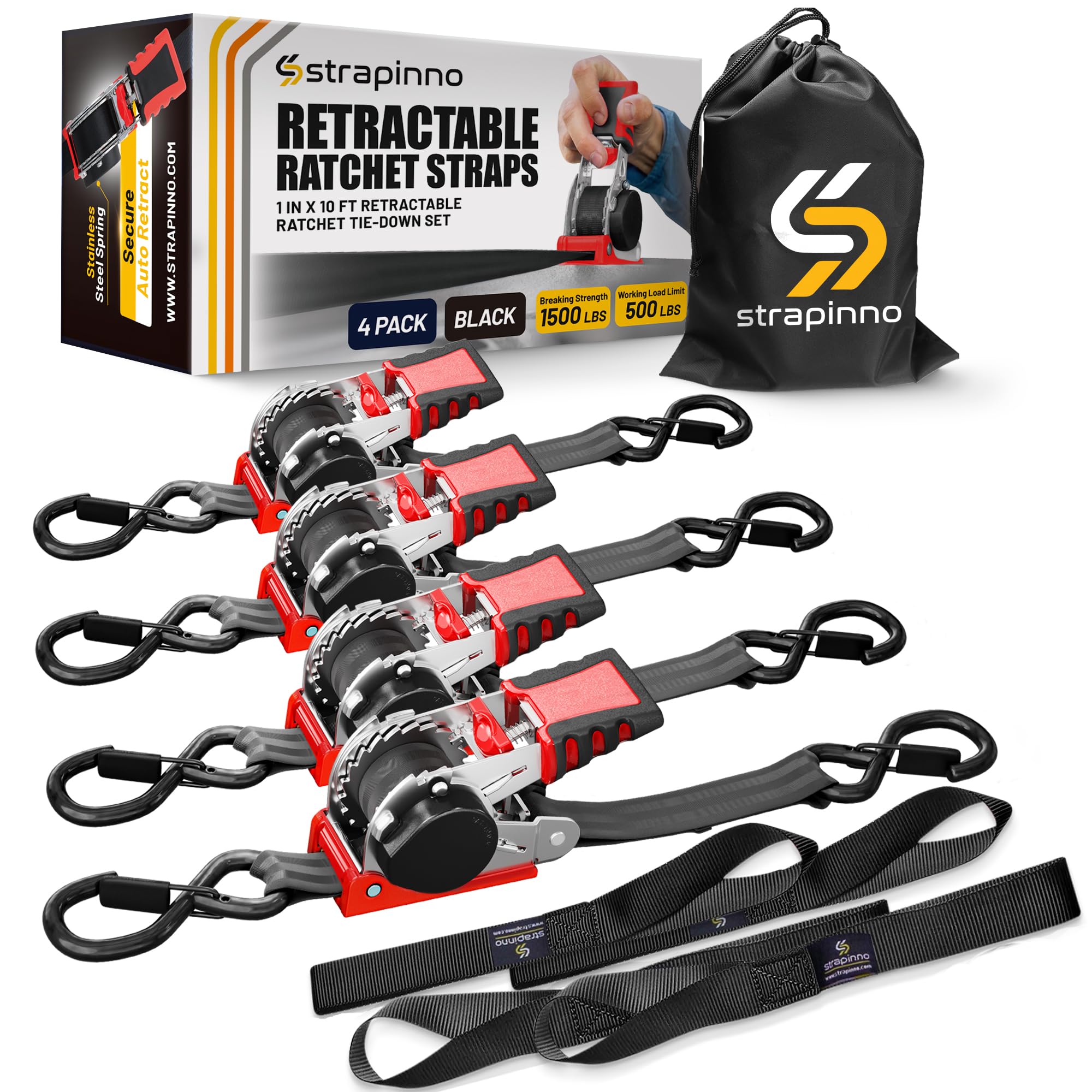Strapinno Retractable Ratchet Straps 1 in x 10 ft, Secure Tie-Downs with Rubber-Coated Steel Handles, S-Hooks & Durable Hardware, for Motorcycle, Jetski, kayak, Breaking Strength 1,500LBS/680KG (4PCS)