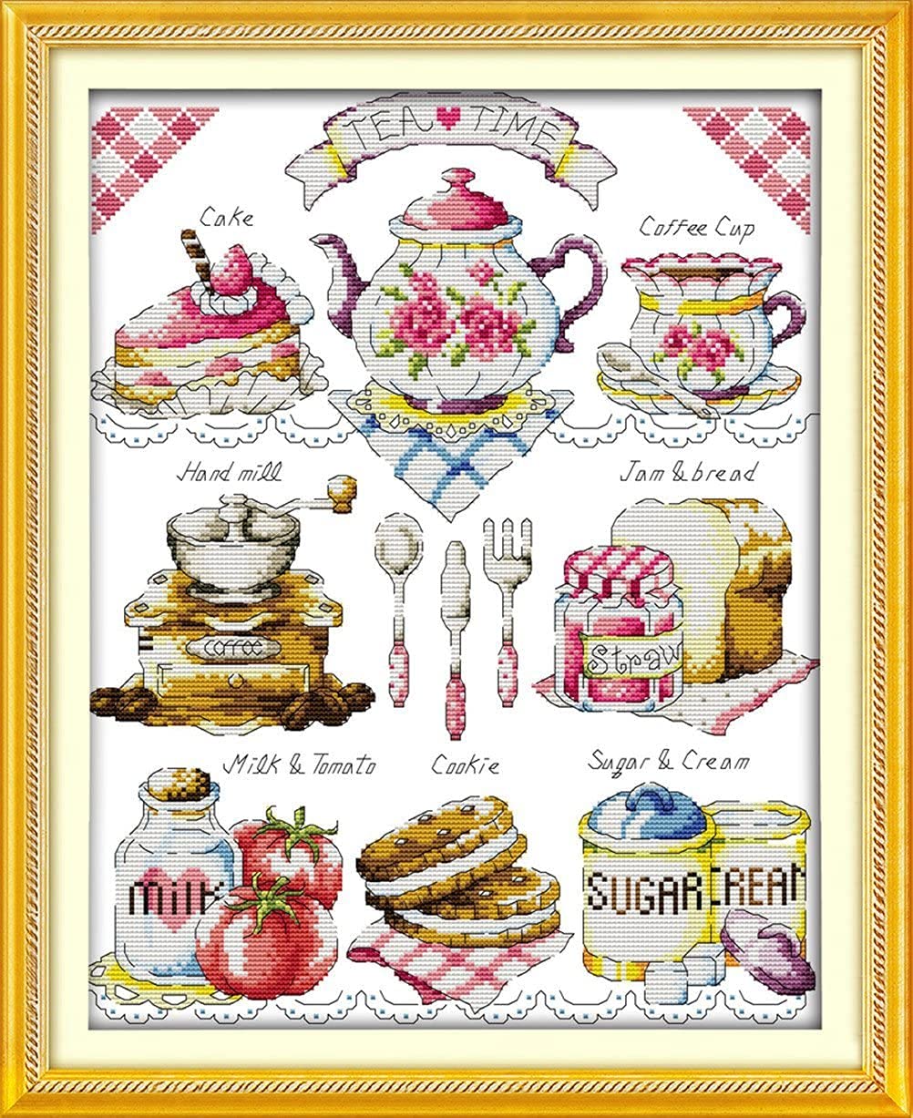 YEESAM ART Cross Stitch Kits for Adults Beginners Afternoon Tea Snacks Pre Printed 11ct, DIY Stamped Embroidery Starter Kit Easy Sewing Set Home Decor