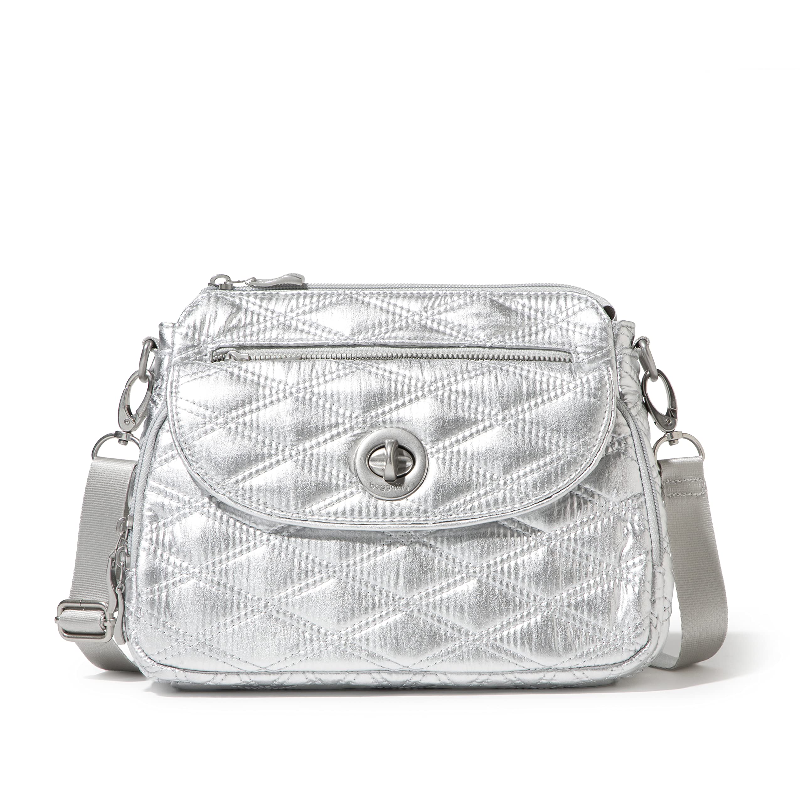 Baggallini Women's Calais Crossbody Bag, Silver Metallic Quilt Image