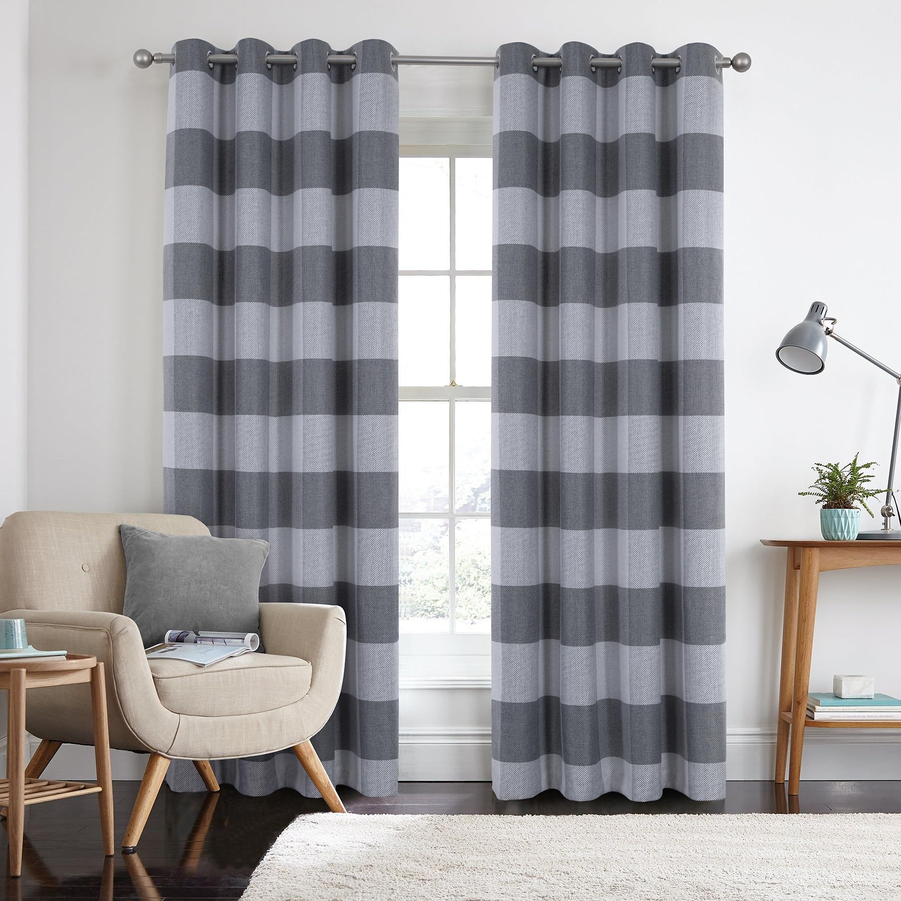 always4u 100% Blackout Curtains Check Eyelet Curtain for Bedroom Tartan Plaid Woven Brushed Cheque Pair of Highland Woolen Look Window Treatment for Living Room Light Grey 46 * 54 Inches