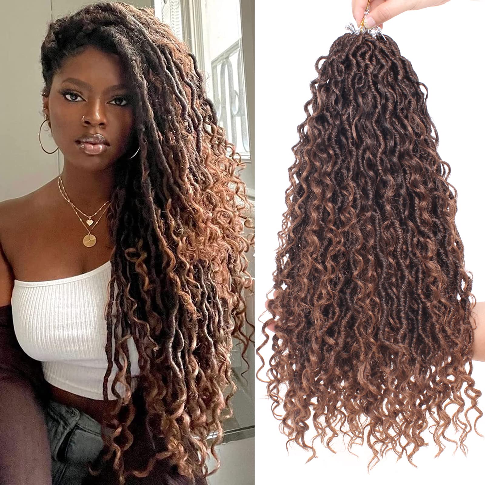 Xtrend 18Inch 8Packs Bohemian Faux Locs Crochet Hair Pre-Looped Messy River Boho Locs Wavy Crochet Braids With Curly Ends in Middle - 14Strands/pack T30