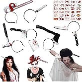 6 Pcs Halloween Knife Headband - Plastic Knife, Axe, Machete, Wrench, Hammer and Syringe Scary Accessories for Zombie Masquerade Party, Halloween Props with 30Pcs Halloween Temporary Tattoos Stickers
