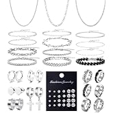 RIOSO Jewelry Set for Men Silver Stainless Steel Cuban Link Necklace Bracelet Rings Hoop Stud Earrings Mens Jewelry Set