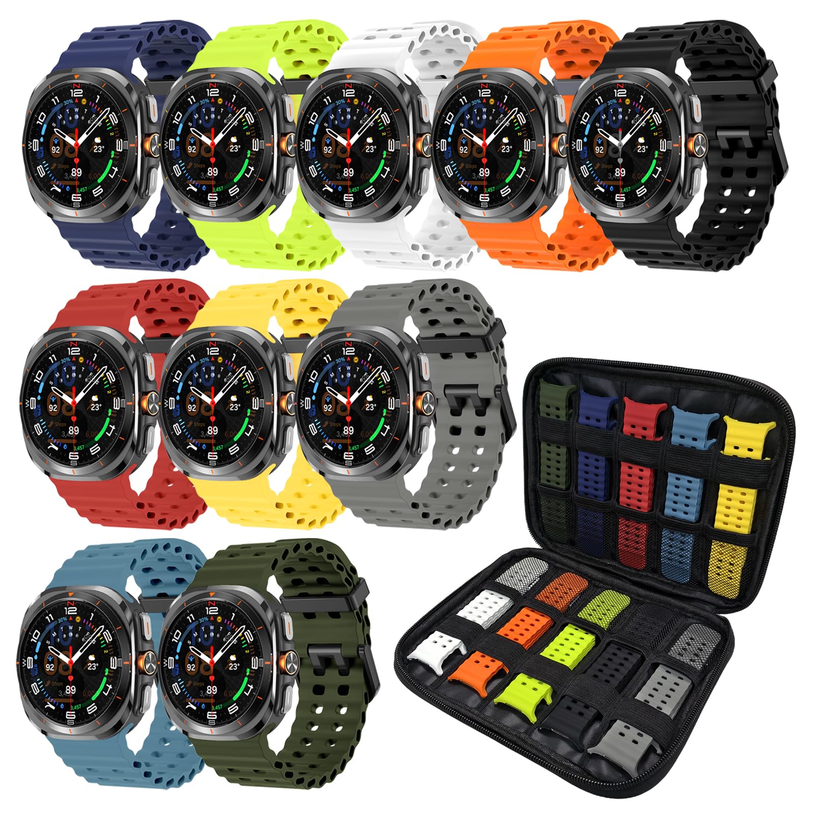 HAYONLIY 10 Packs Sport Bands with Storage Case Compatible for Samsung Galaxy Watch Ultra 47mm(2025/2024),No Gap Breathable Wristband Waterproof Replacement Soft Silicone Strap for Women Men