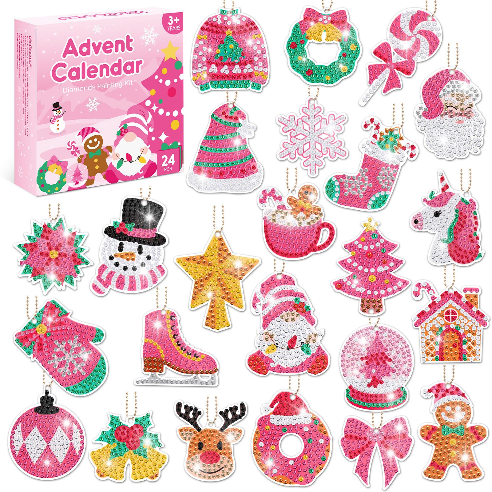 Photo 1 of 2025 Diamond Painting Advent 24PCS Calendar Pink Christmas 24 Days Count Down Calendar DIY Gem Keychains Arts and Crafts for Girls Christmas Gift