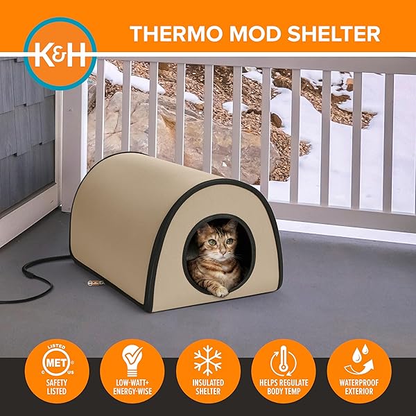 K&H PET PRODUCTS HEATED OUTDOOR CAT HOUSE FOR OUTSIDE – THERMO MOD KITTY SHELTER, INSULATED, WATERPROOF, HEATED FLOOR, WASHABLE COVER, SAFETY LISTED – SMALL 21 X 14 X 13IN TAN 20W