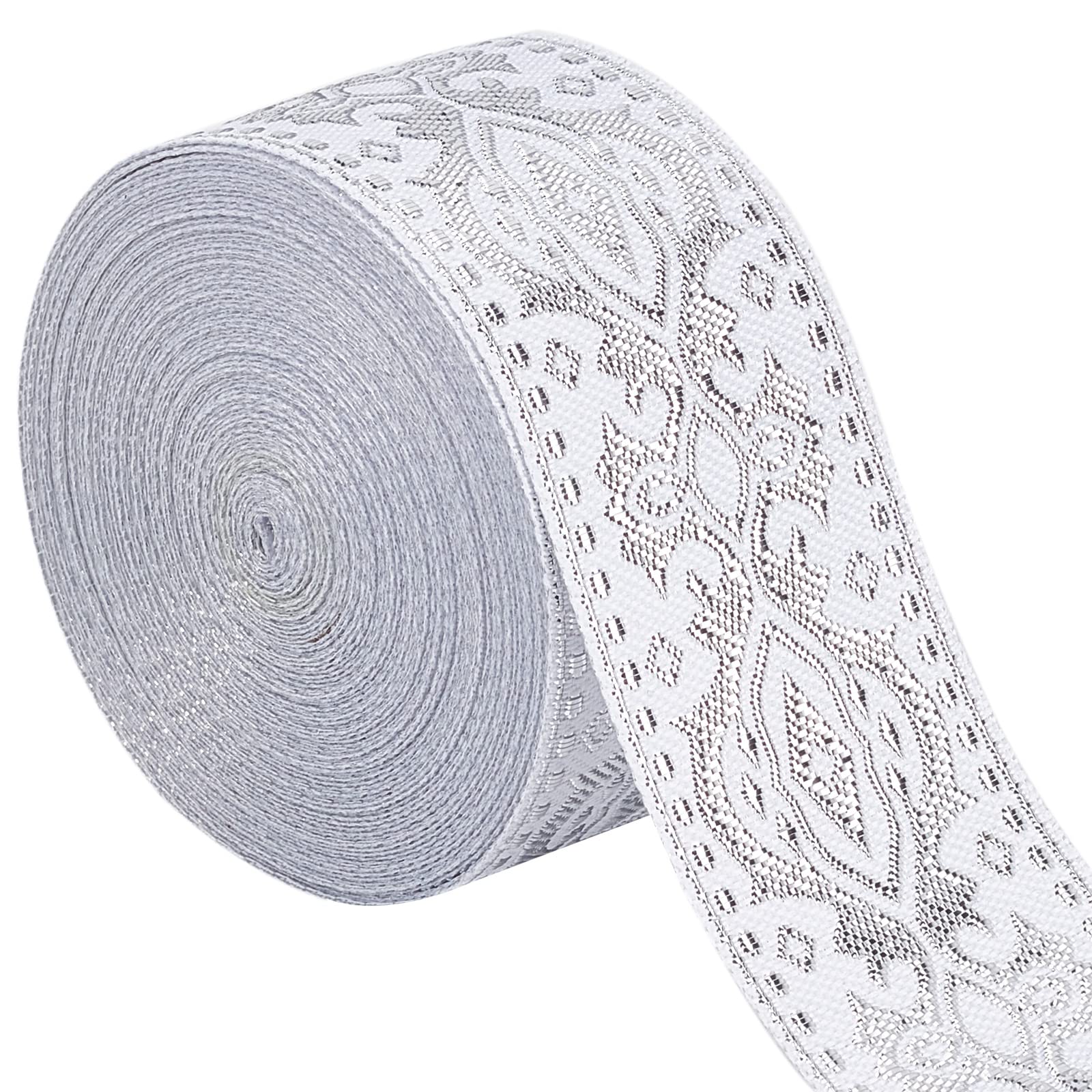 GORGECRAFT 7.7 Yard/7m Jacquard Ribbon 1.2inch/33mm Wide Ethnic Double Side Silver Floral Embroidery Woven Ribbons Fabric Trim Fringe Band DIY Sewing Crafts Clothing Curtain Embellishment Home Decor